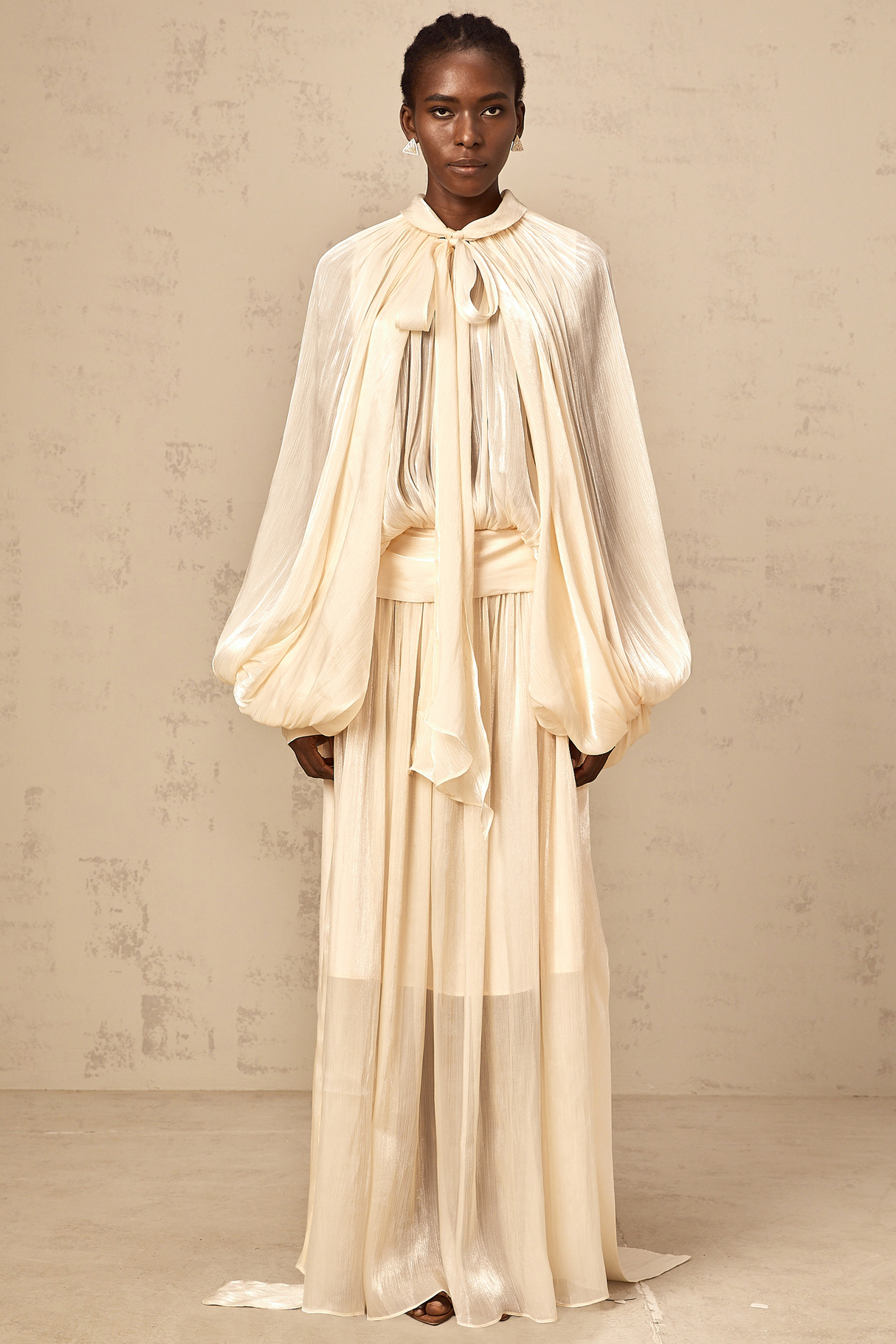 Aurohaya Mila pleated satin maxi dress in Neutrals