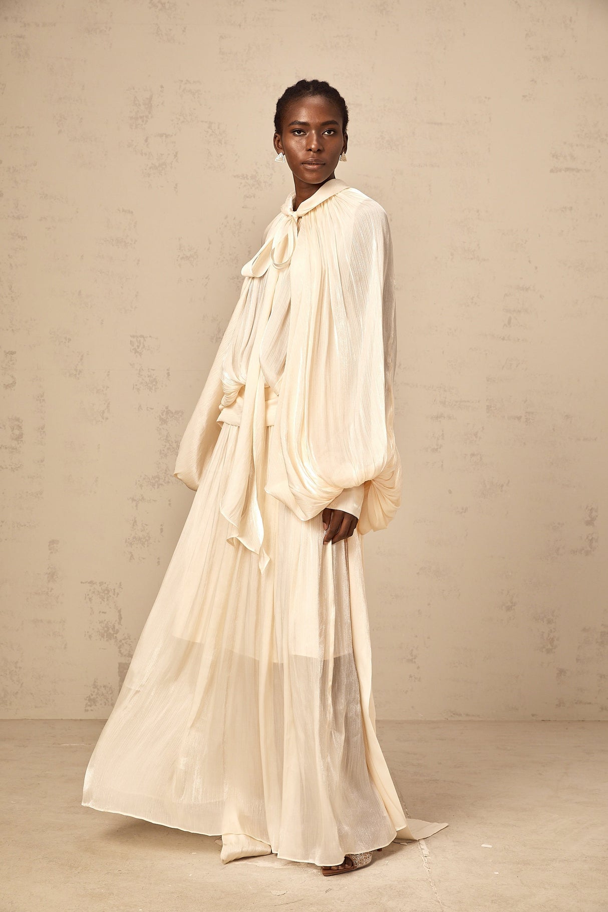 Aurohaya Mila pleated satin maxi dress in Neutrals