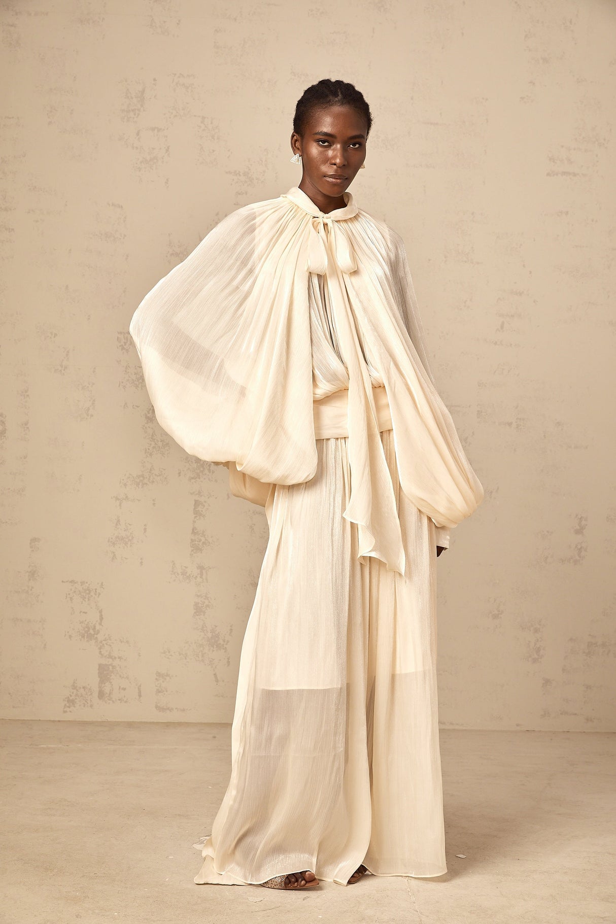 Aurohaya Mila pleated satin maxi dress in Neutrals