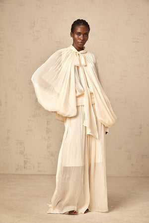 Aurohaya Mila pleated satin maxi dress in Neutrals