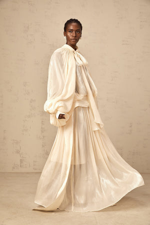 Aurohaya Mila pleated satin maxi dress in Neutrals