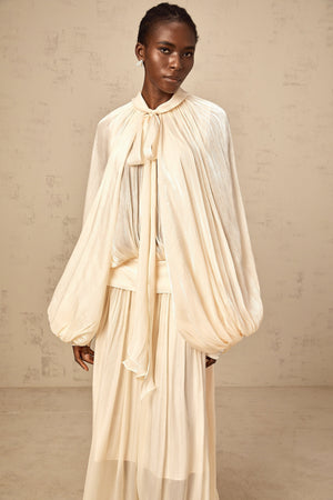 Aurohaya Mila pleated satin maxi dress in Neutrals