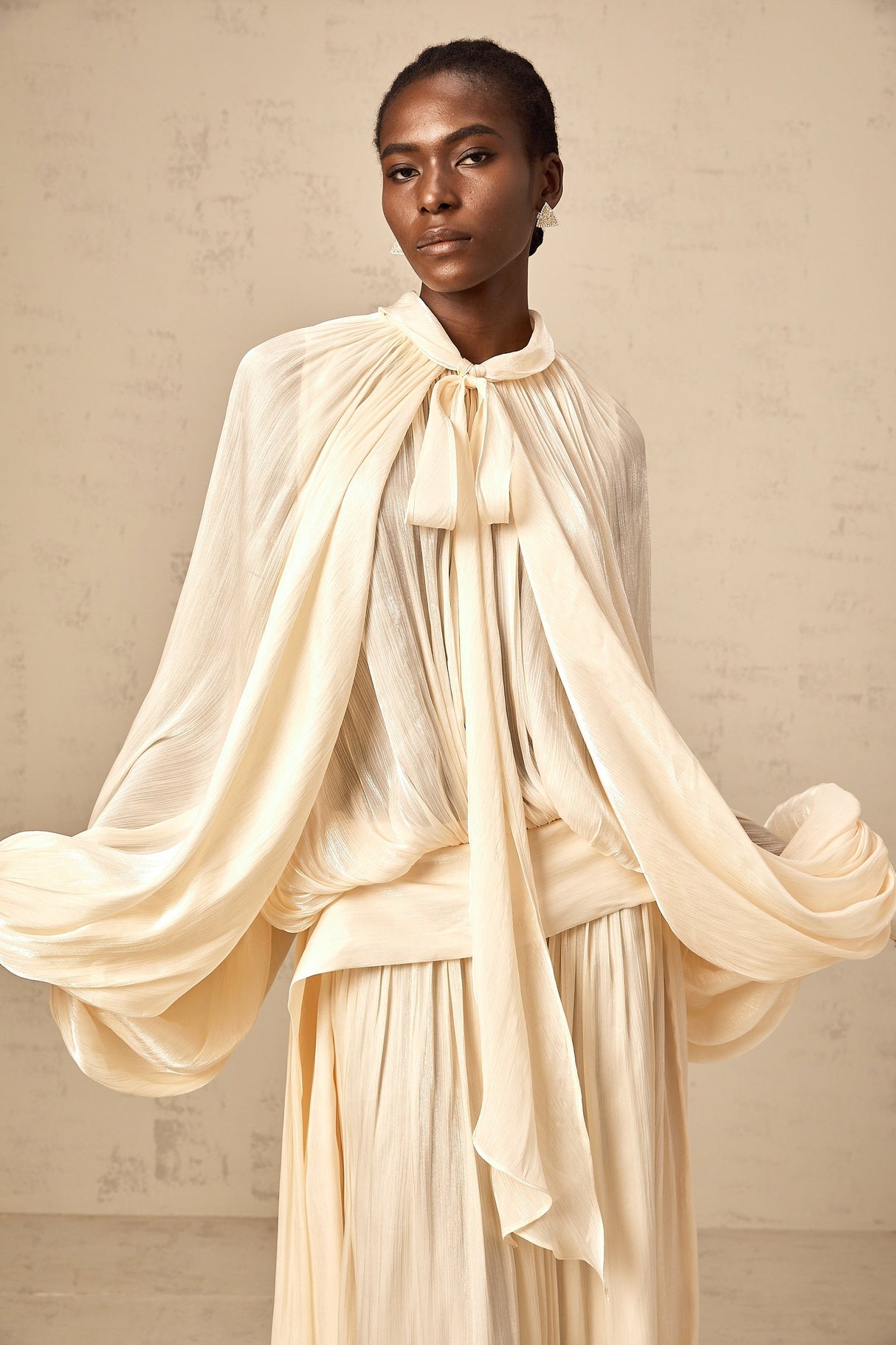 Aurohaya Mila pleated satin maxi dress in Neutrals