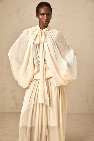 Aurohaya Mila pleated satin maxi dress in Neutrals