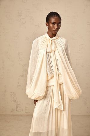 Aurohaya Mila pleated satin maxi dress in Neutrals
