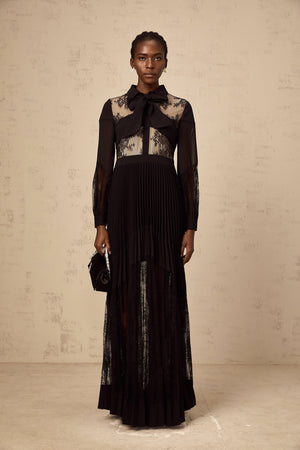 Aurohaya Ségolène black floral-lace-panel pleated maxi dress