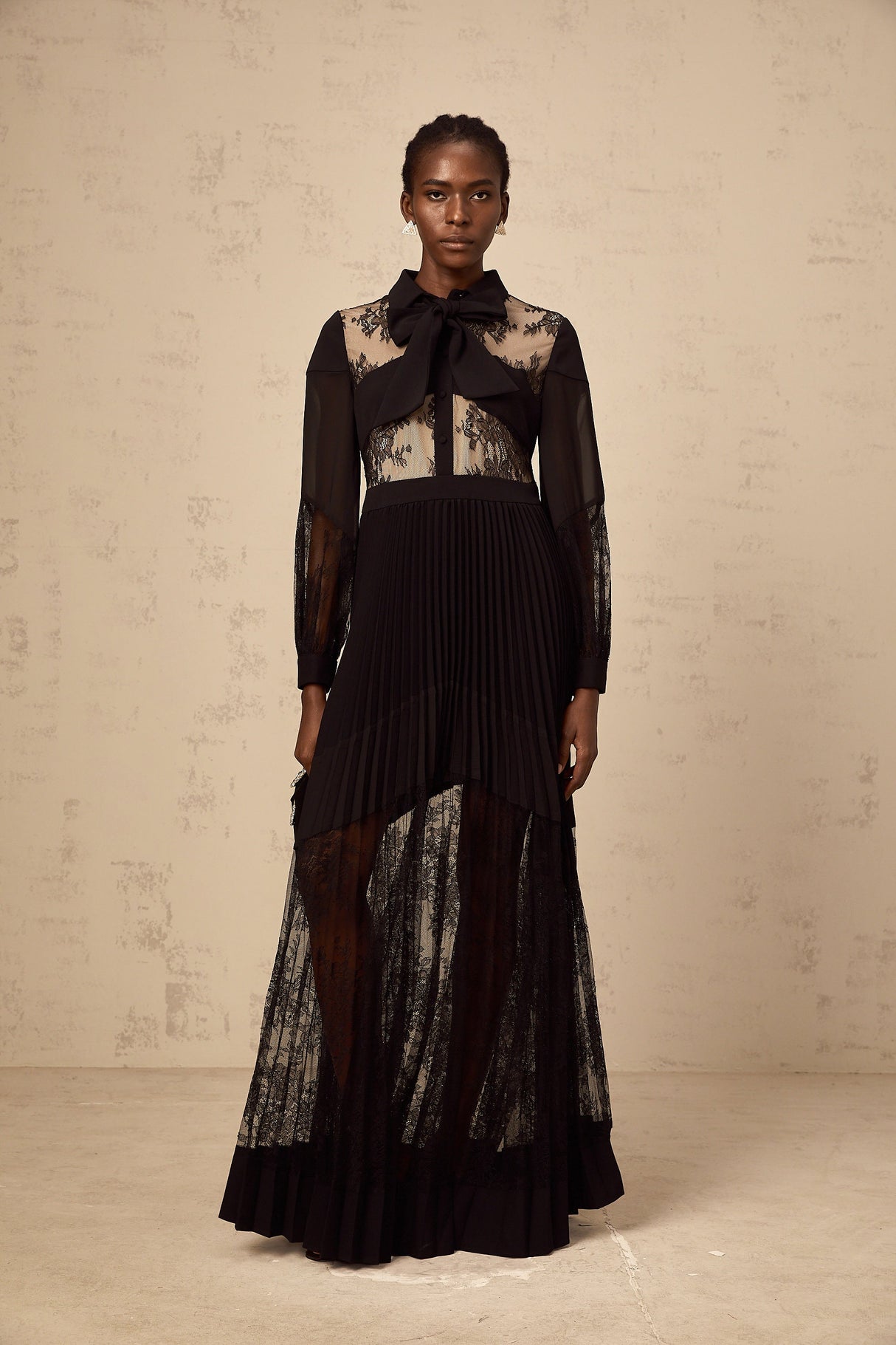 Aurohaya Ségolène black floral-lace-panel pleated maxi dress