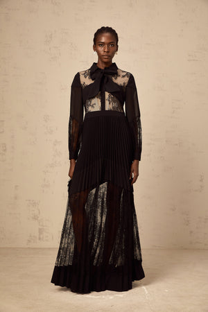 Aurohaya Ségolène black floral-lace-panel pleated maxi dress