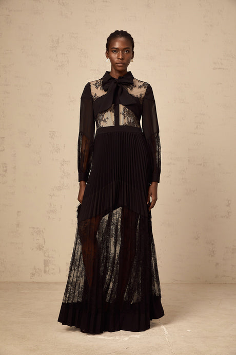 Aurohaya Ségolène black floral-lace-panel pleated maxi dress