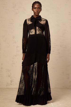 Aurohaya Ségolène black floral-lace-panel pleated maxi dress