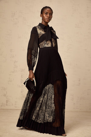 Aurohaya Ségolène black floral-lace-panel pleated maxi dress