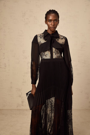 Aurohaya Ségolène black floral-lace-panel pleated maxi dress