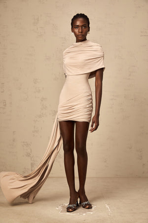 Aurohaya Gaëlle neutrals cape-design ruched fitted mini dress