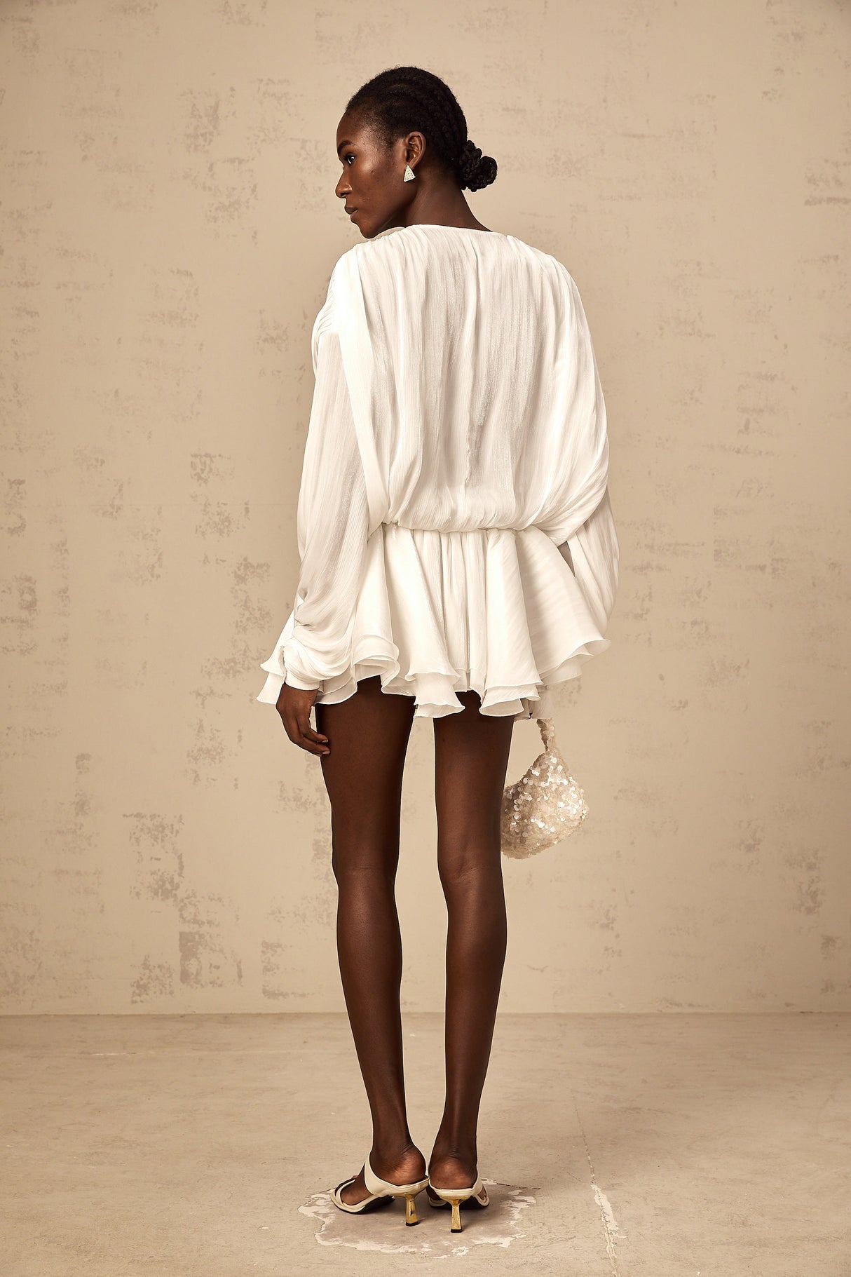 Aurohaya Mahault white pleated glitter-effect mini dress