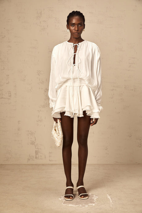 Aurohaya Mahault white pleated glitter-effect mini dress