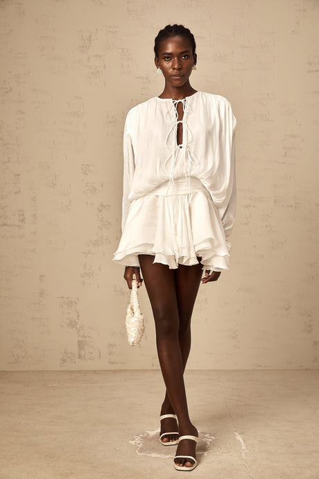 Aurohaya Mahault white pleated glitter-effect mini dress