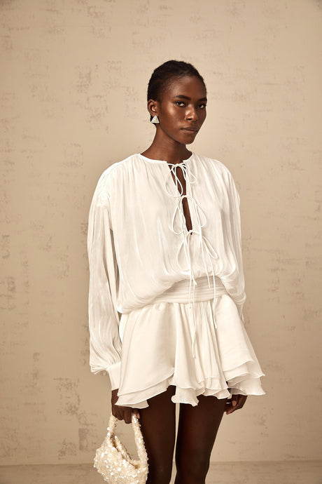Aurohaya Mahault white pleated glitter-effect mini dress