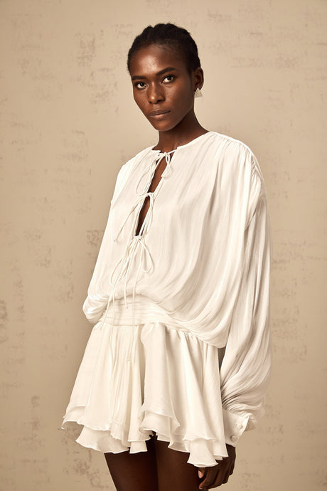 Aurohaya Mahault white pleated glitter-effect mini dress