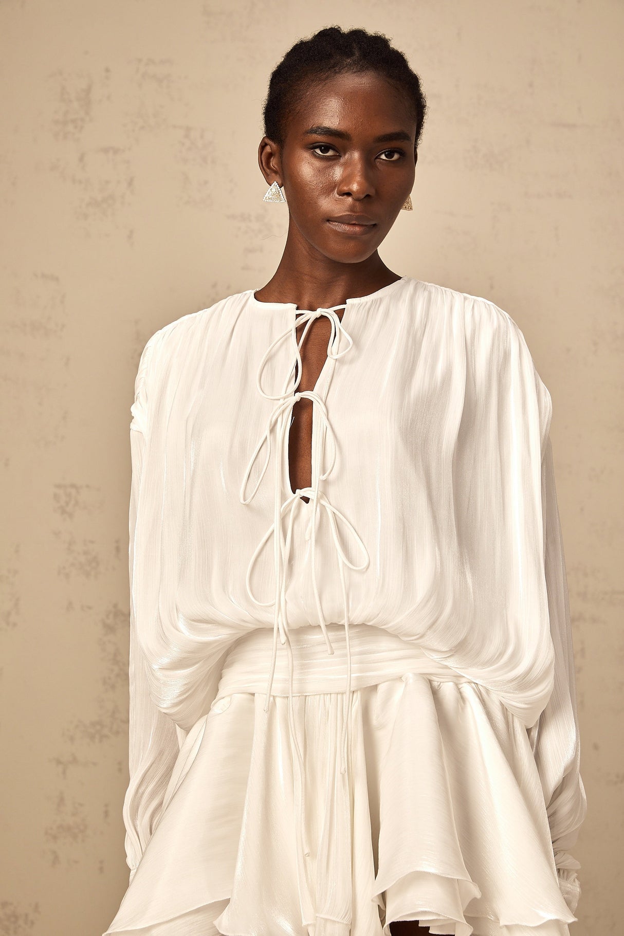 Aurohaya Mahault white pleated glitter-effect mini dress