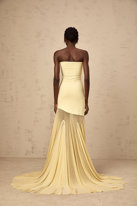 Aurohaya Josiane yellow off-shoulder sheer tulle maxi dress