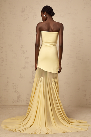 Aurohaya Josiane yellow off-shoulder sheer tulle maxi dress