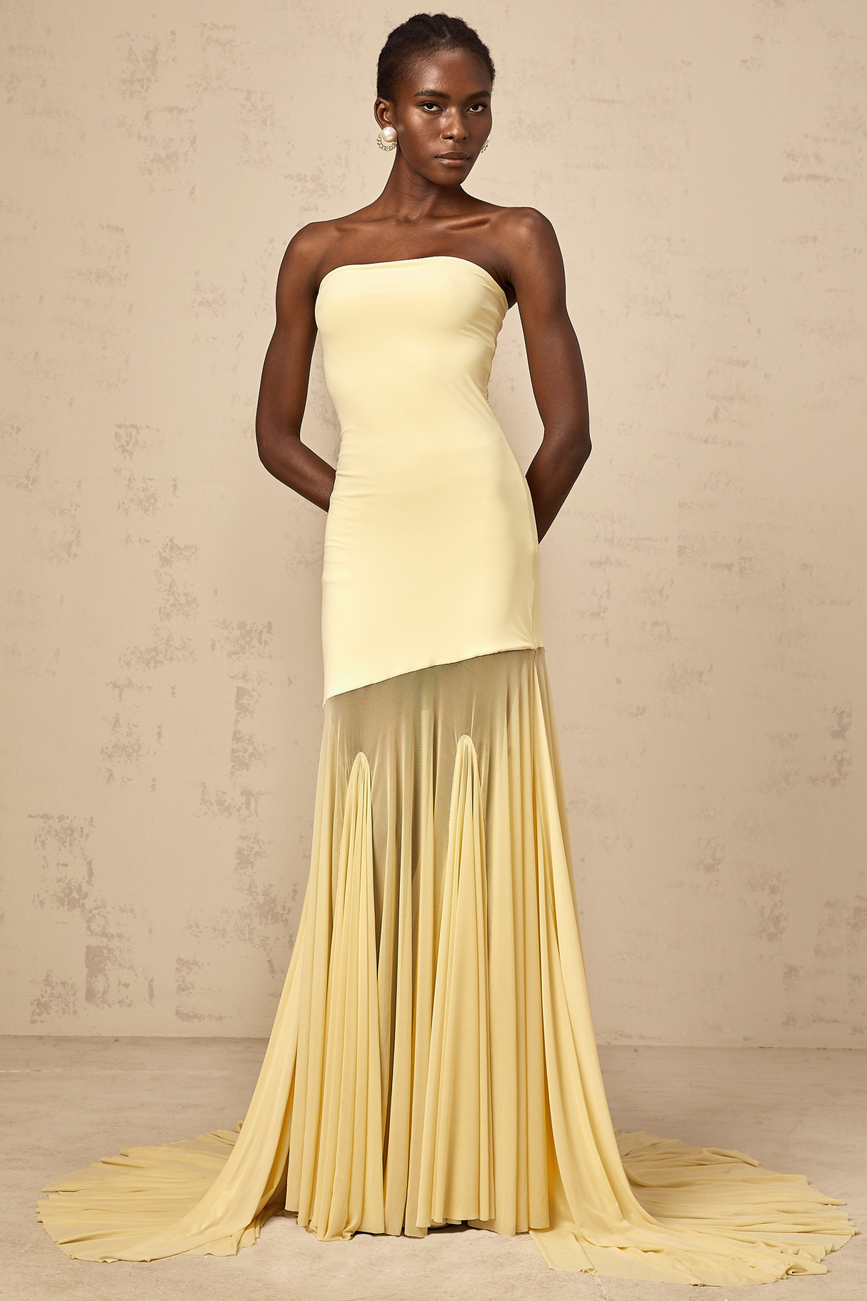 Aurohaya Josiane yellow off-shoulder sheer tulle maxi dress