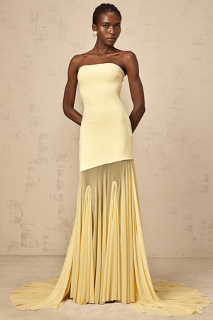Aurohaya Josiane yellow off-shoulder sheer tulle maxi dress