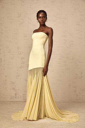 Aurohaya Josiane yellow off-shoulder sheer tulle maxi dress