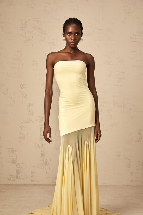 Aurohaya Josiane yellow off-shoulder sheer tulle maxi dress