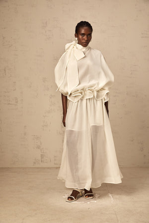 Aurohaya Honorine white tie-neck ruffled maxi dress