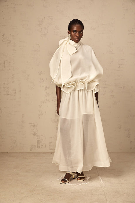 Aurohaya Honorine white tie-neck ruffled maxi dress