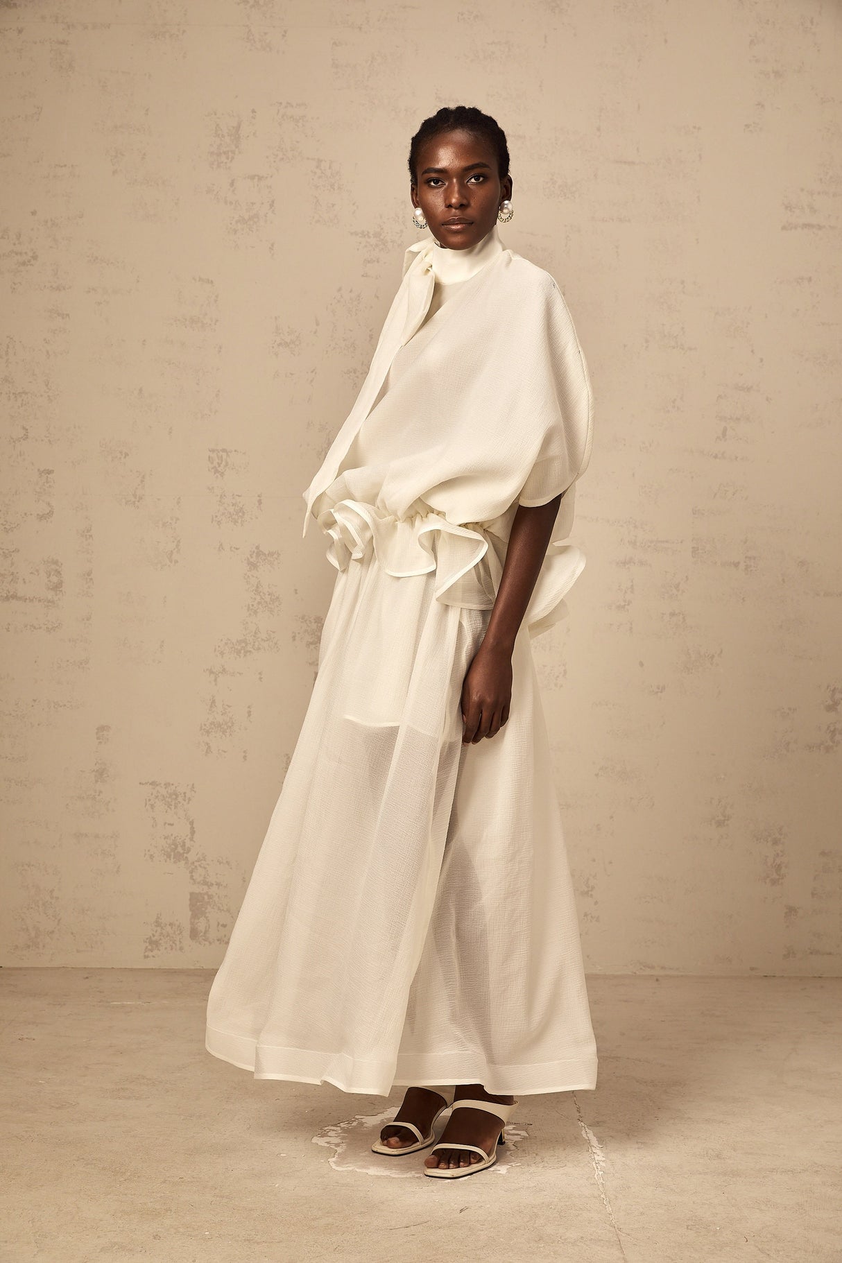 Aurohaya Honorine white tie-neck ruffled maxi dress