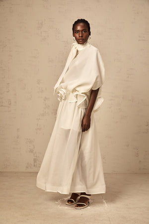 Aurohaya Honorine white tie-neck ruffled maxi dress