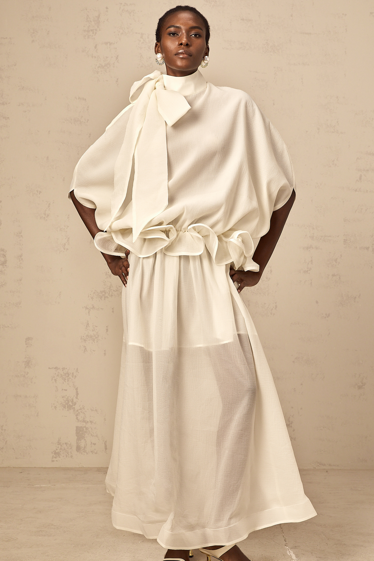 Aurohaya Honorine white tie-neck ruffled maxi dress