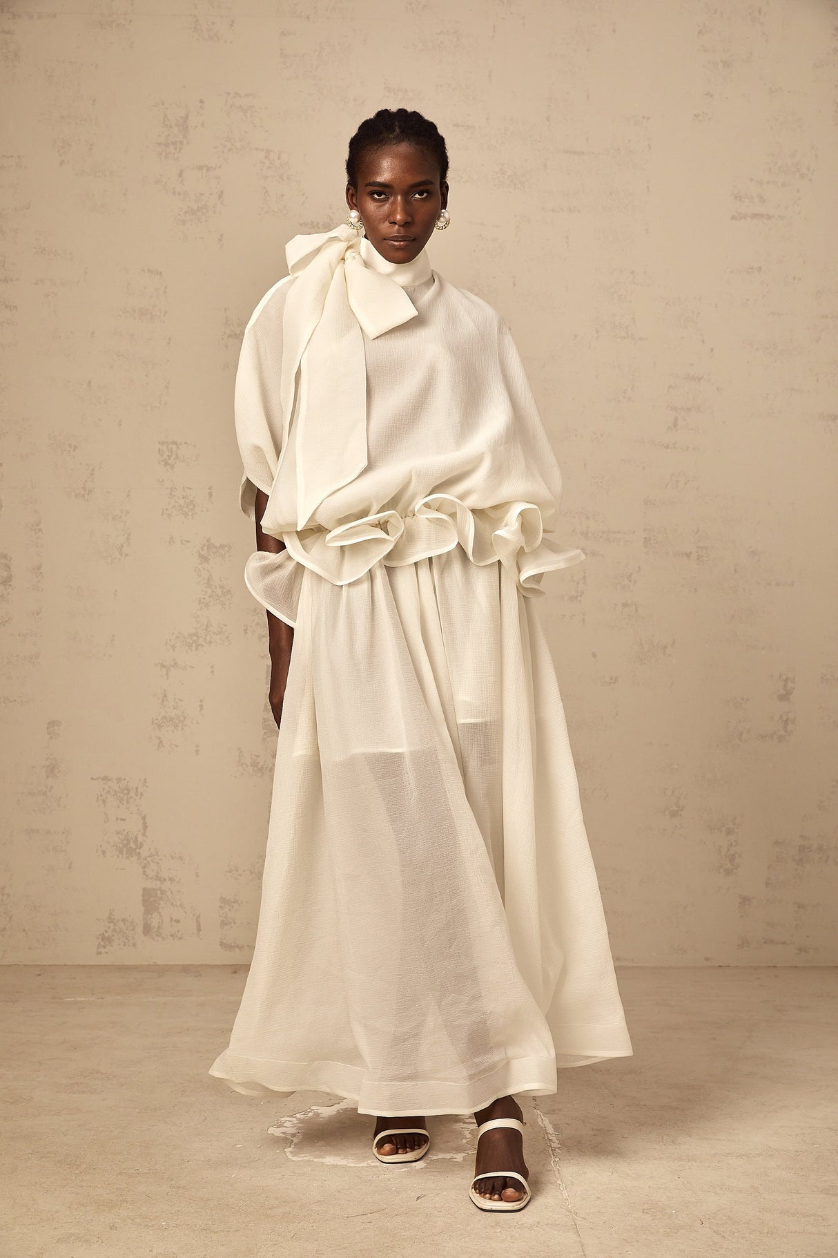 Aurohaya Honorine white tie-neck ruffled maxi dress