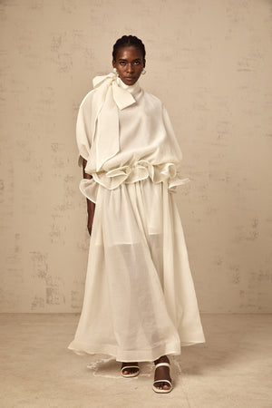 Aurohaya Honorine white tie-neck ruffled maxi dress