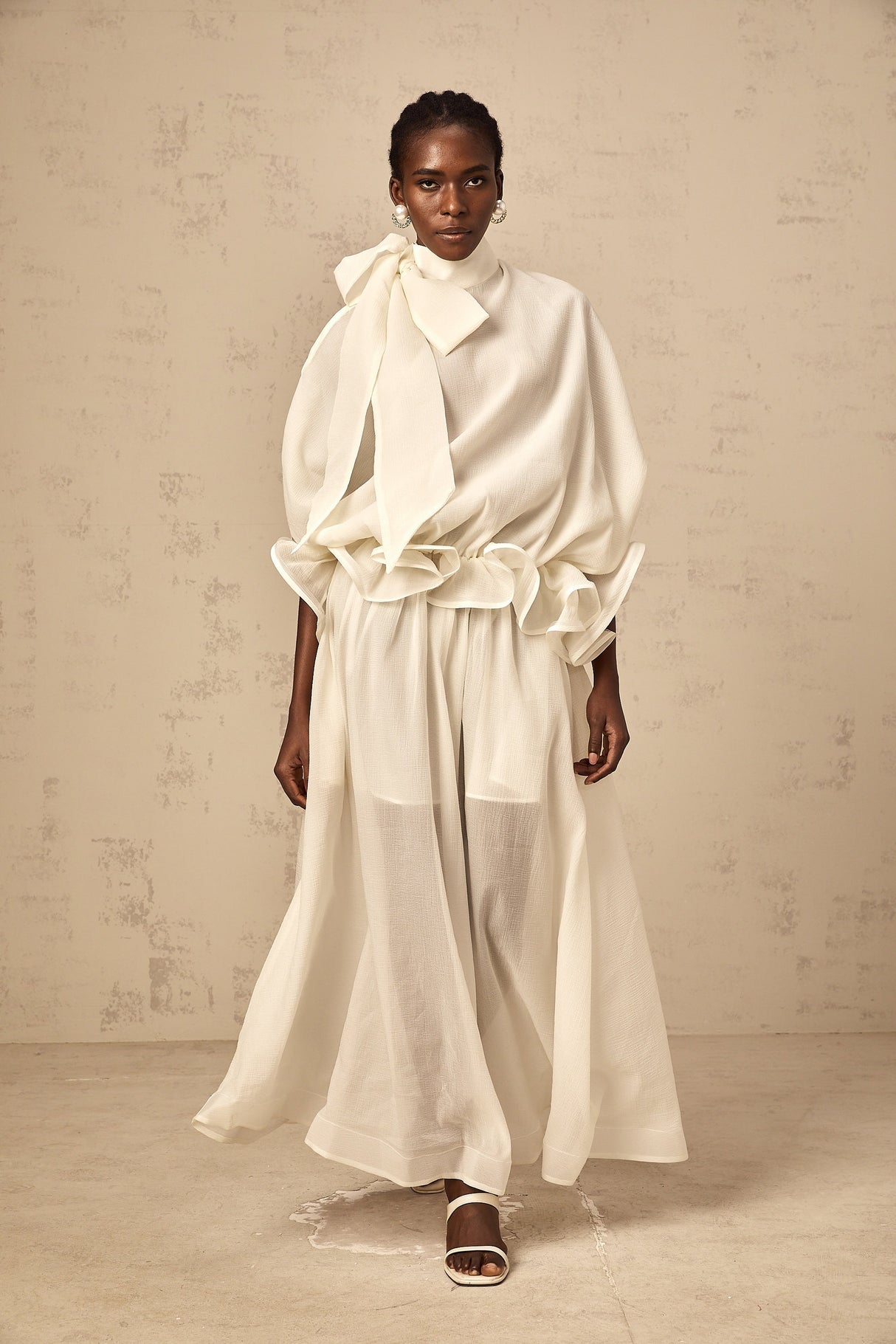 Aurohaya Honorine white tie-neck ruffled maxi dress