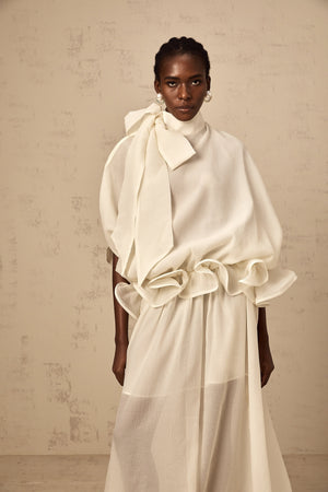 Aurohaya Honorine white tie-neck ruffled maxi dress