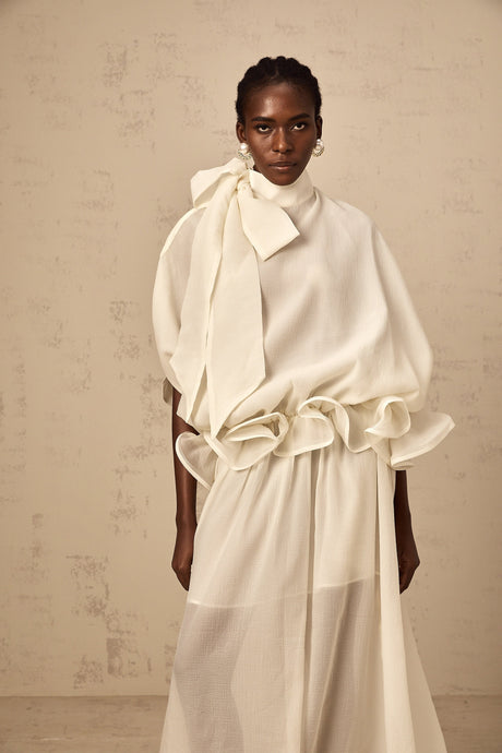 Aurohaya Honorine white tie-neck ruffled maxi dress