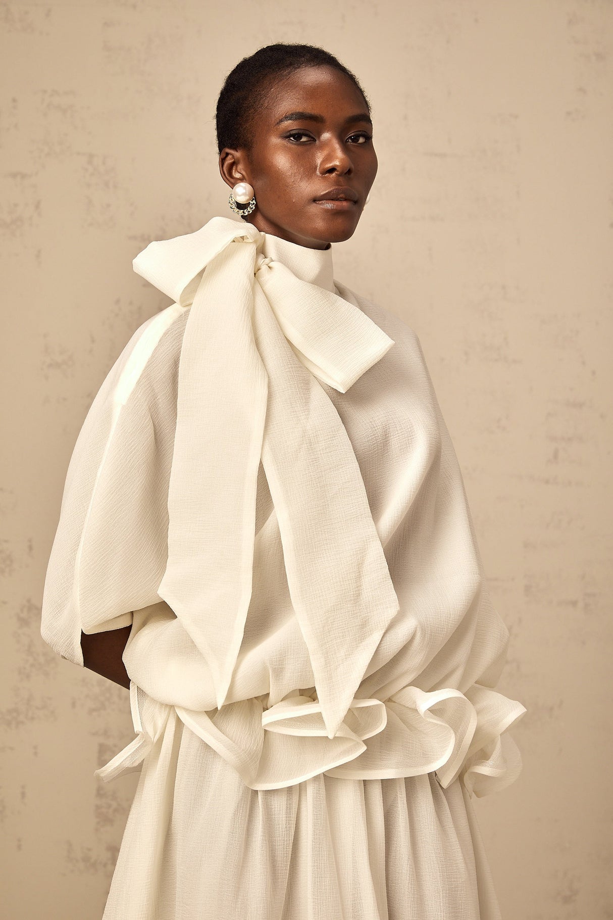 Aurohaya Honorine white tie-neck ruffled maxi dress