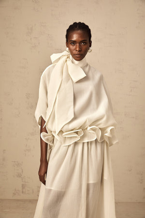 Aurohaya Honorine white tie-neck ruffled maxi dress