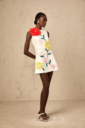 Aurohaya Véronique white 3d-petal sleeveless mini dress