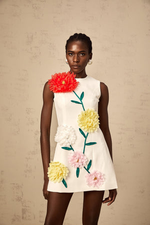 Aurohaya Véronique white 3d-petal sleeveless mini dress