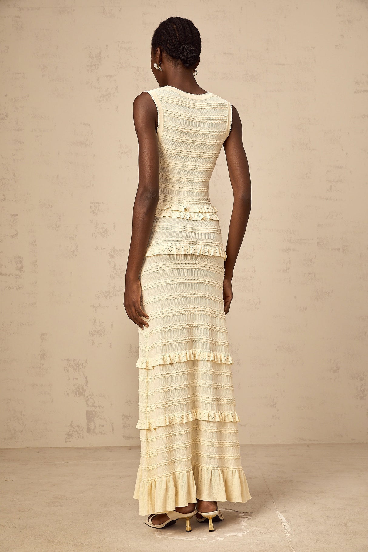 Aurohaya Airelle beige ruffled sleeveless knit maxi dress