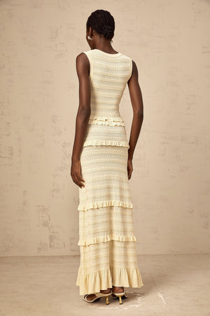 Aurohaya Airelle beige ruffled sleeveless knit maxi dress