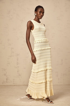 Aurohaya Airelle beige ruffled sleeveless knit maxi dress