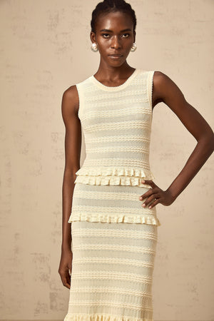 Aurohaya Airelle beige ruffled sleeveless knit maxi dress