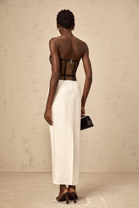 Aurohaya Enora contrast-color sheer corset maxi dress