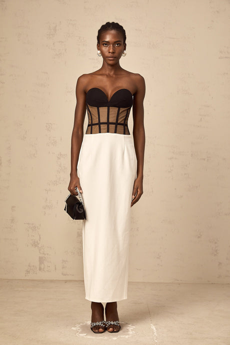 Aurohaya Enora contrast-color sheer corset maxi dress