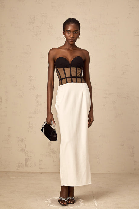 Aurohaya Enora contrast-color sheer corset maxi dress